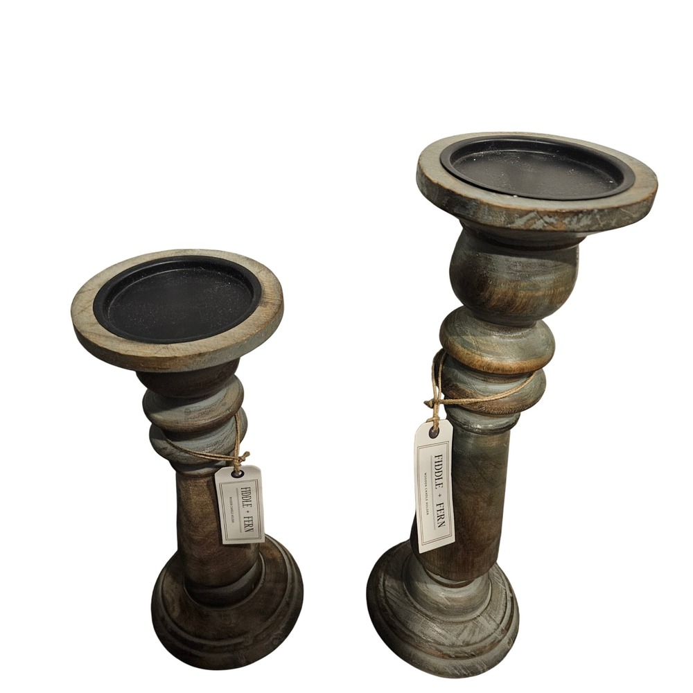 Fiddle + Fern Wooden Candle Holders Set of 2 Rustic Farmhouse Decor - Picture 9 of 10